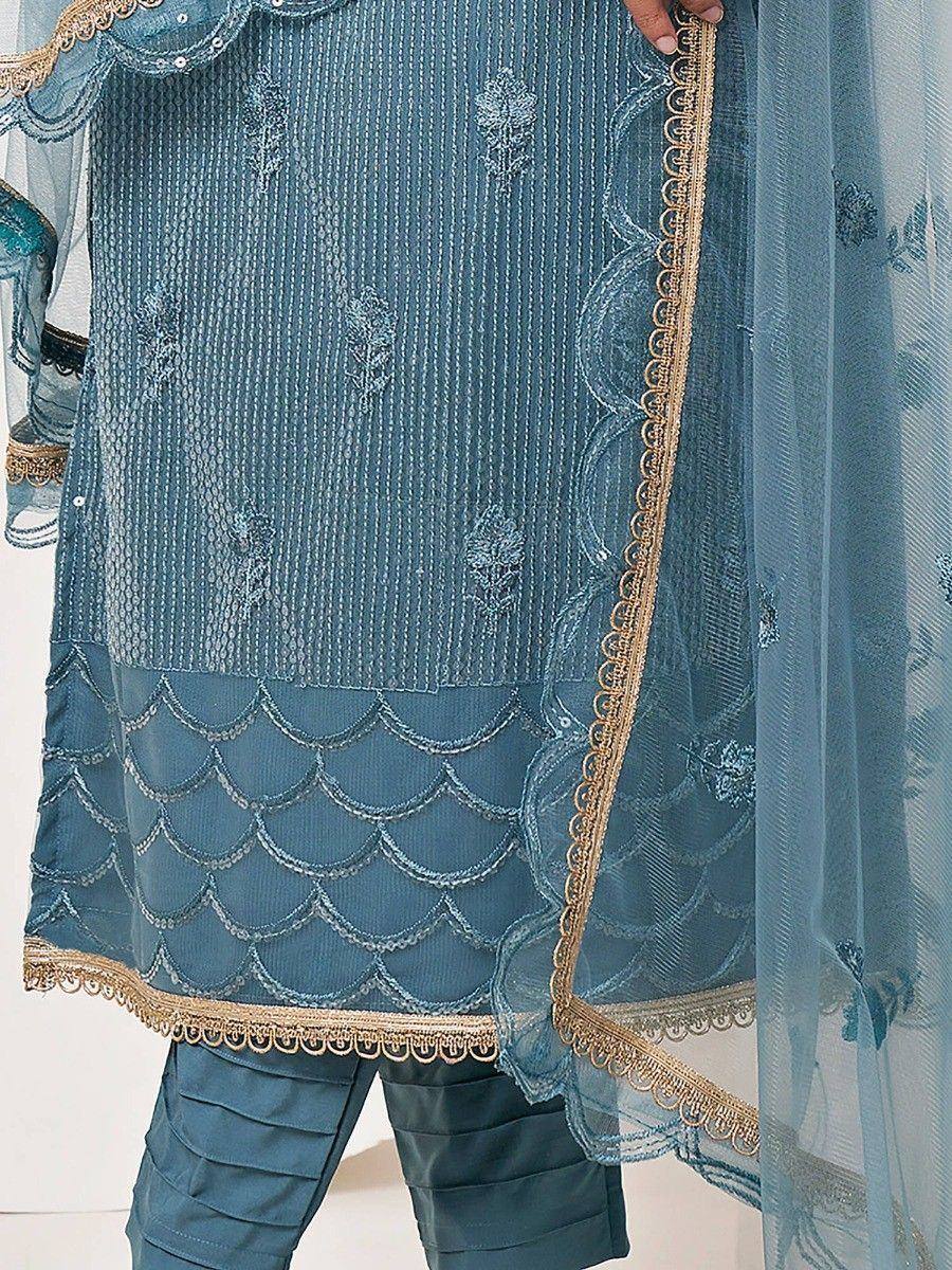 Blue embroidered salwar kameez with gold trim and scalloped detailing, ethnic wear for women