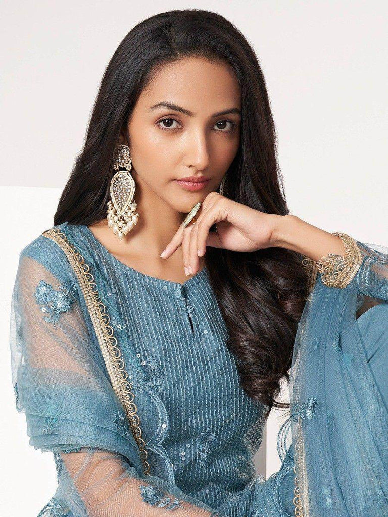 Dazzling Dusty Blue Thread Work Net Festival Wear Salwar Kameez