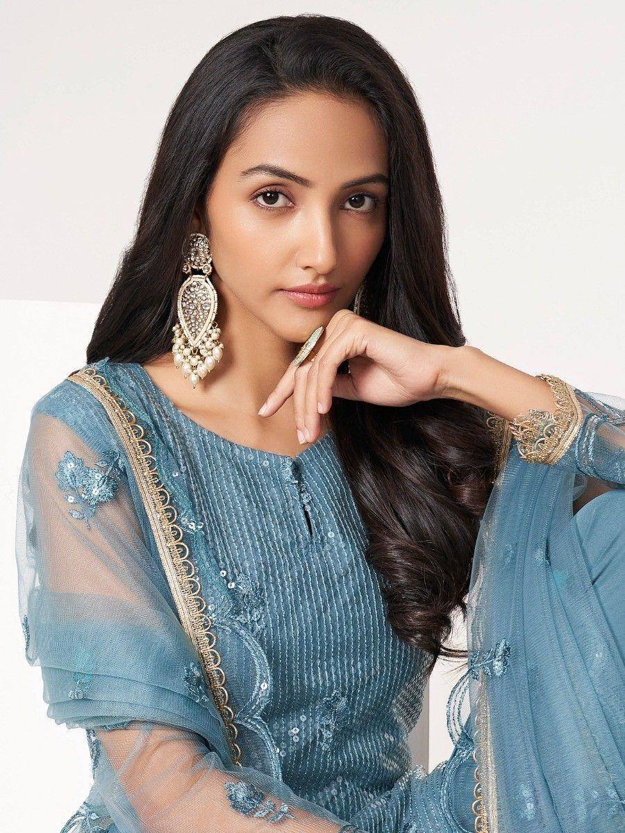 Blue embroidered ethnic salwar kameez with gold detailing and statement earrings