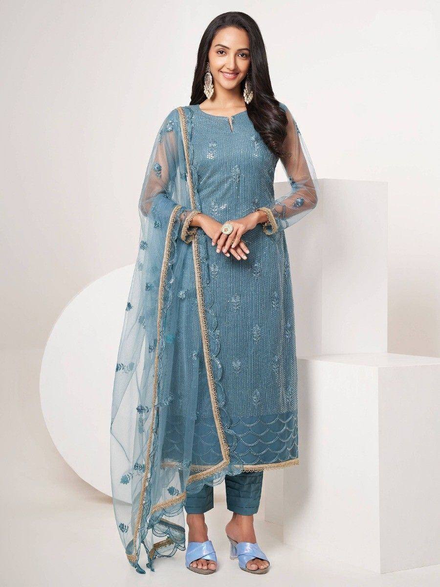 Blue embroidered salwar kameez with sheer dupatta, ethnic Indian wear for women