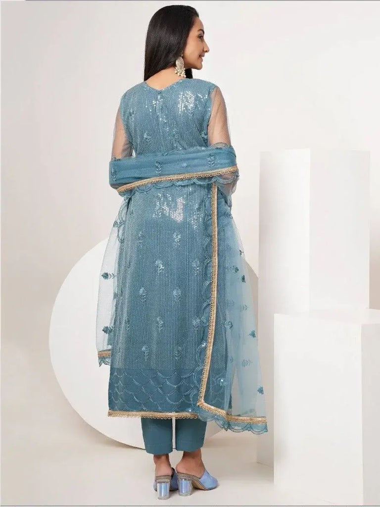 Dazzling Dusty Blue Thread Work Net Festival Wear Salwar Kameez