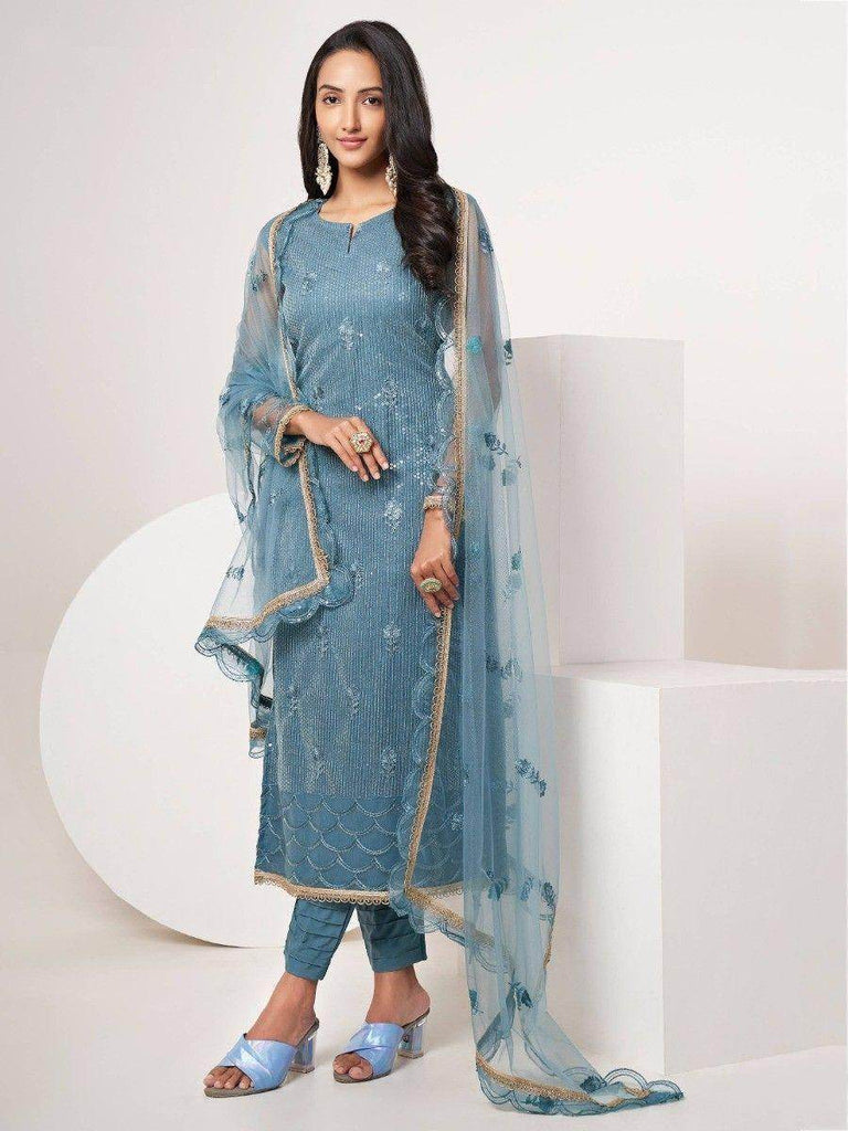 Dazzling Dusty Blue Thread Work Net Festival Wear Salwar Kameez