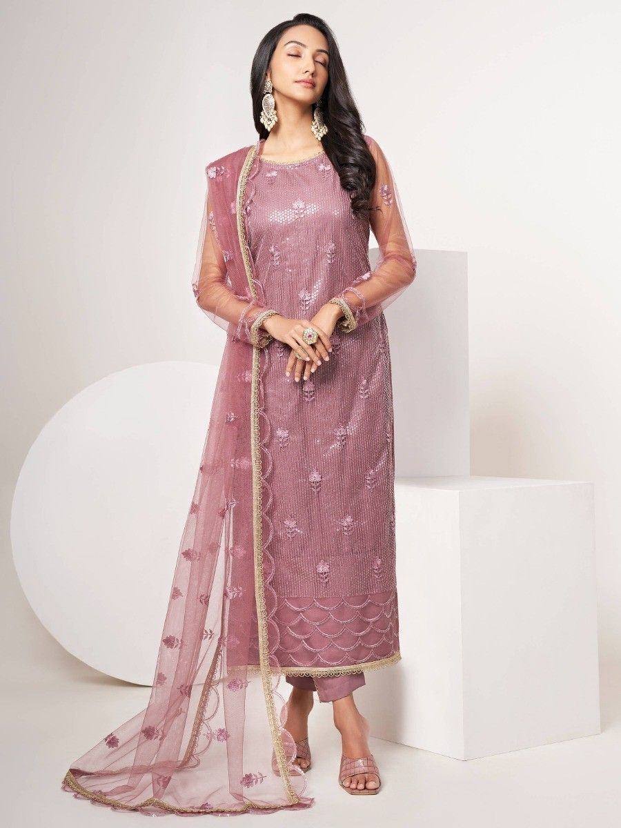 Elegant mauve ethnic gown with floral embroidery and sheer dupatta for festive occasions