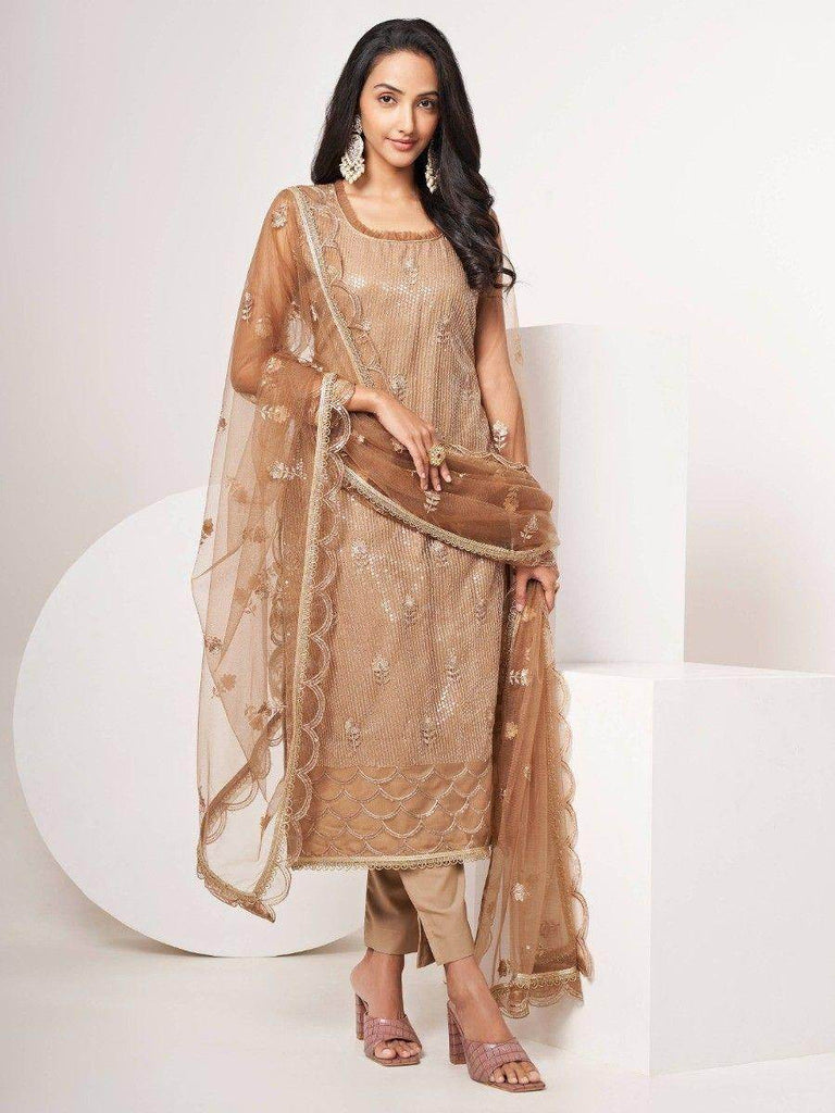 Gorgeous Brown Sequins Net Event Wear Salwar Kameez With Dupatta