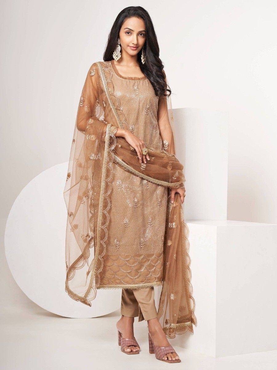 Elegant beige embroidered salwar kameez with sheer dupatta, perfect for Indian ethnic wear occasions