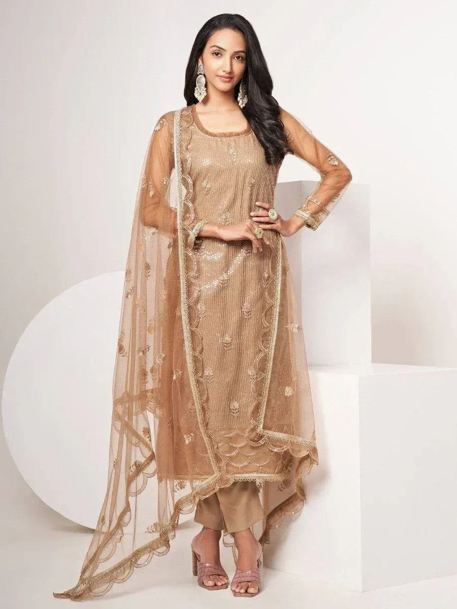 Elegant beige embroidered kurta with sheer dupatta, paired with palazzo pants for Indian ethnic wear