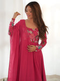 Incredible Pink Floral Printed Organza Festival Wear Anarkali Suit