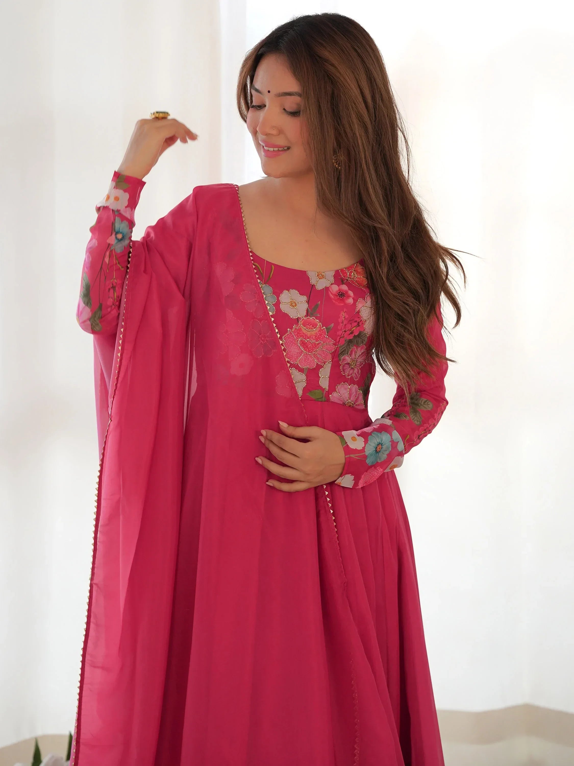Incredible Pink Floral Printed Organza Festival Wear Anarkali Suit