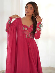 Incredible Pink Floral Printed Organza Festival Wear Anarkali Suit