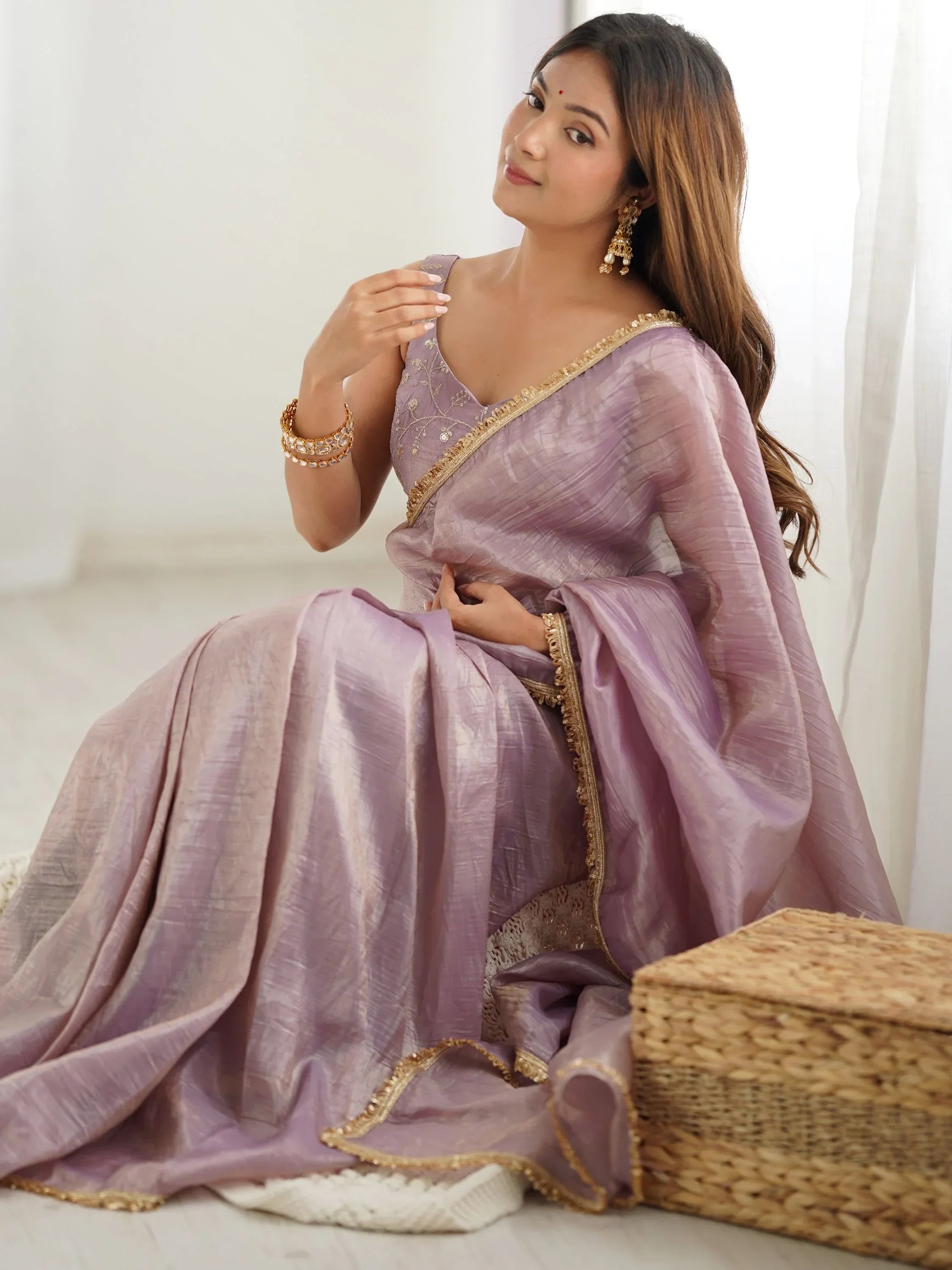 Spectacular Light Mauve Tissue Silk Pre Stitched Saree With Blouse