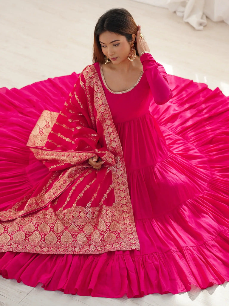 Charming Hot Pink Anarkali Suit With Banarsi Silk Dupatta