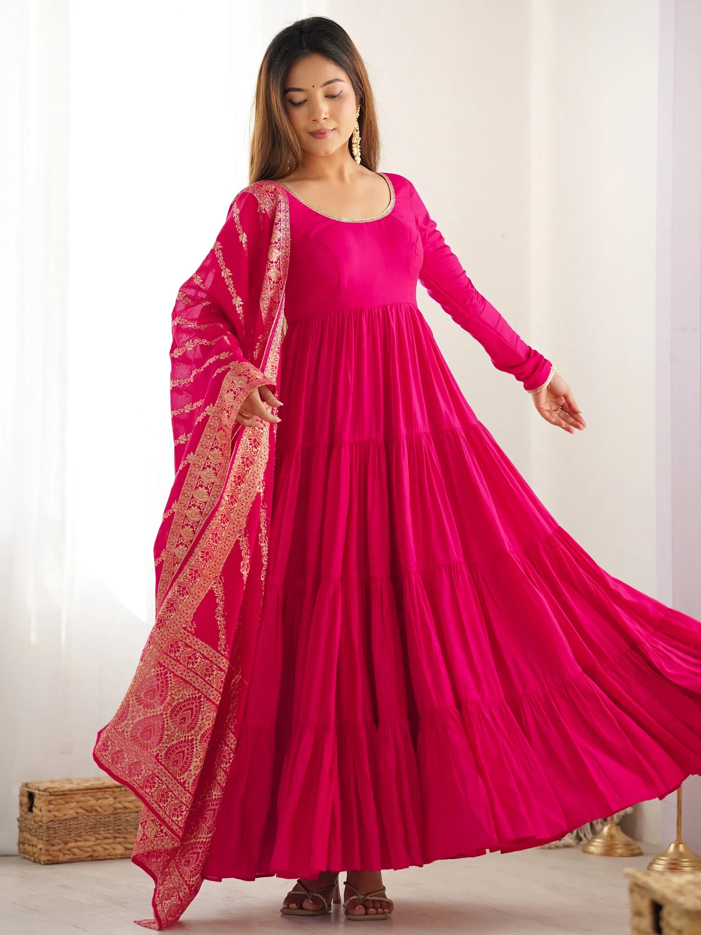 Charming Hot Pink Anarkali Suit With Banarsi Silk Dupatta