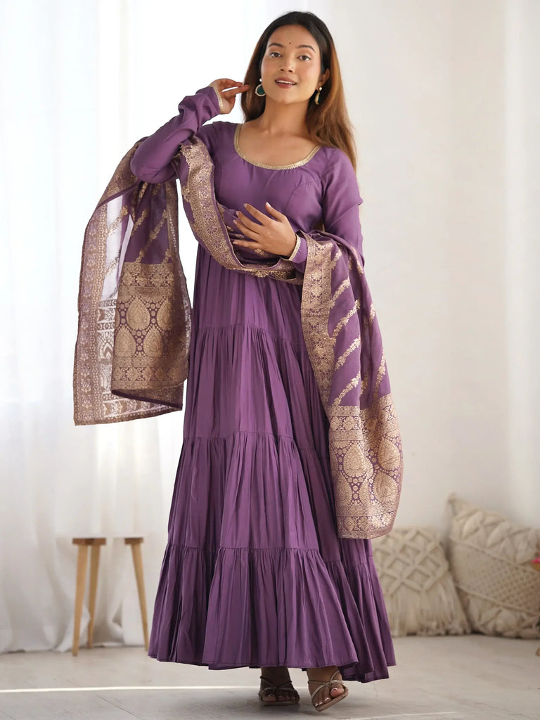 Lovely Purple Chanderi Festival Wear Anarkali Suit With Banarasi Dupatta