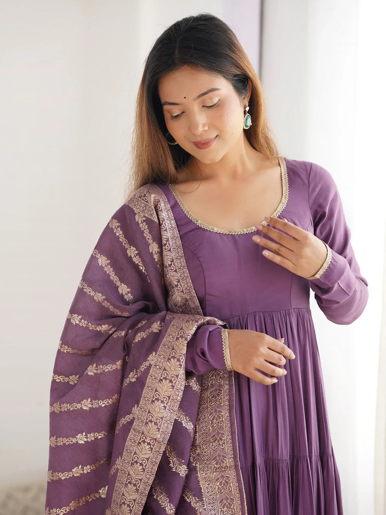 Lovely Purple Chanderi Festival Wear Anarkali Suit With Banarasi Dupatta