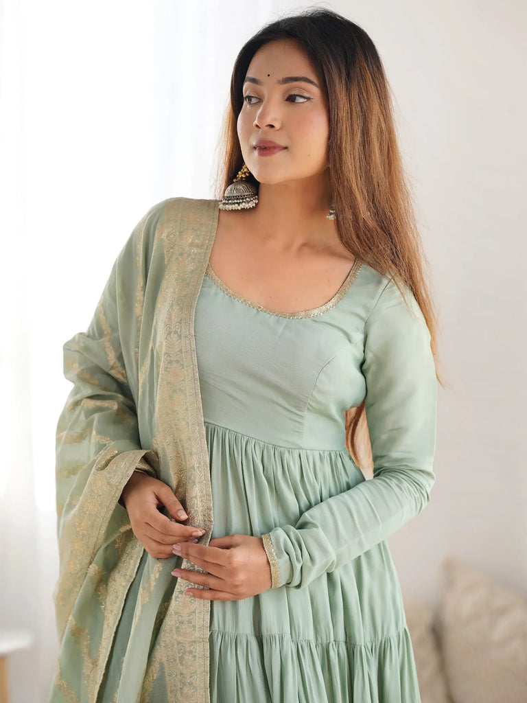 Gorgeous Pista Green Anarkali Gown With Banarasi Silk Dupatta