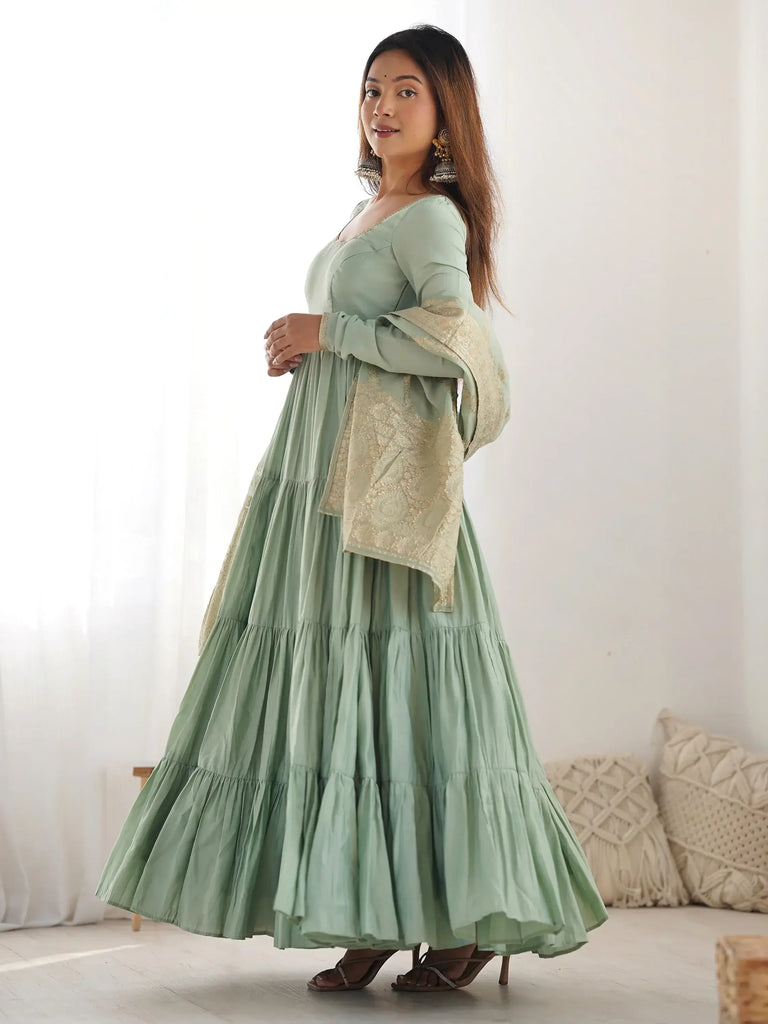 Gorgeous Pista Green Anarkali Gown With Banarasi Silk Dupatta