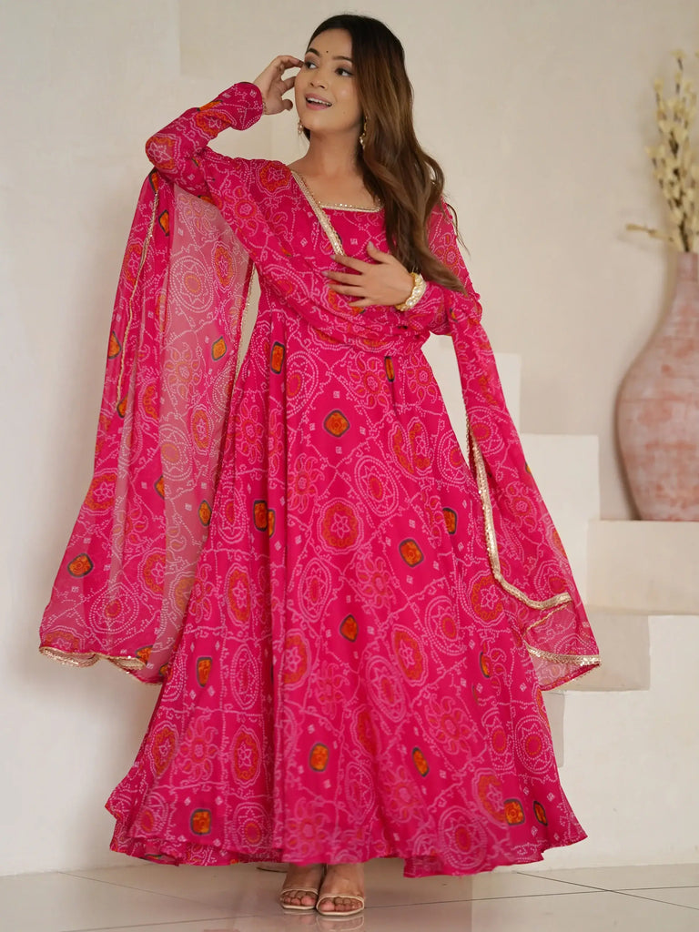 Fabulous Pink Bandhani Printed Georgette Event Wear Anarkali Suit