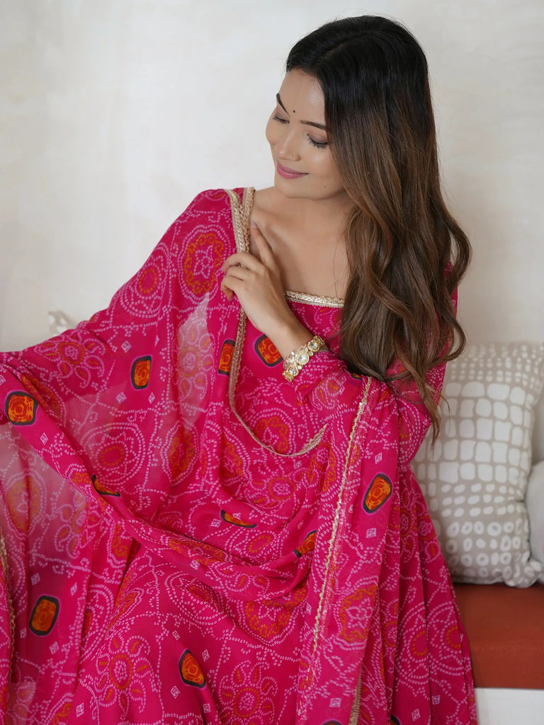 Fabulous Pink Bandhani Printed Georgette Event Wear Anarkali Suit