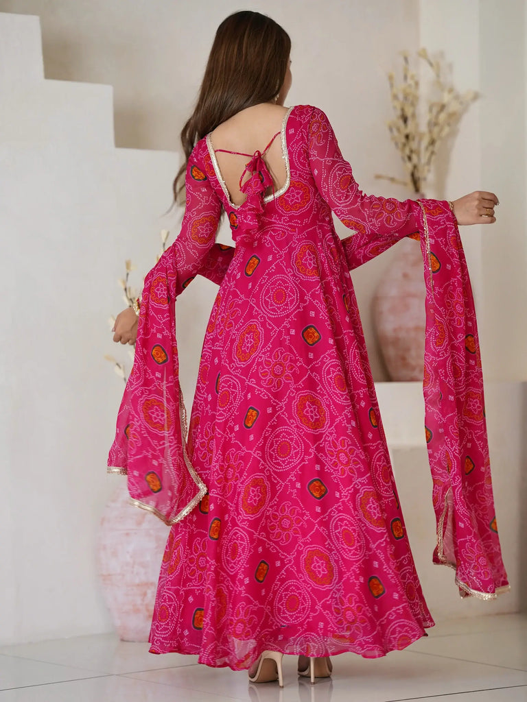 Fabulous Pink Bandhani Printed Georgette Event Wear Anarkali Suit
