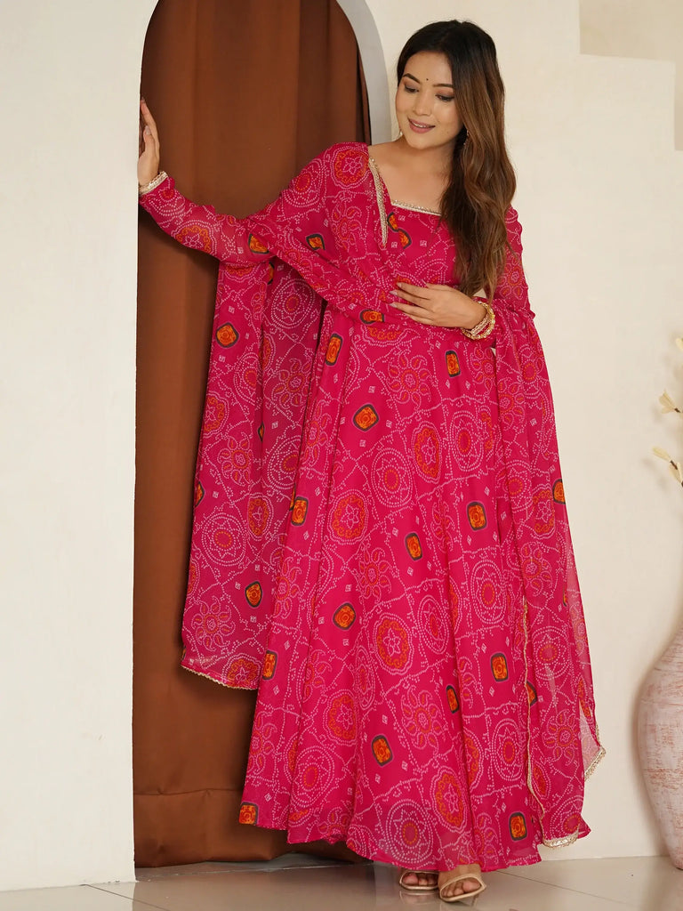 Fabulous Pink Bandhani Printed Georgette Event Wear Anarkali Suit