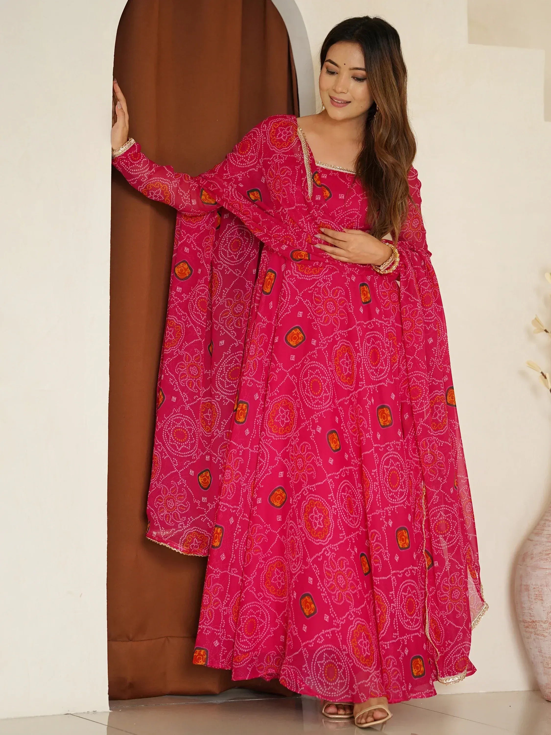 Fabulous Pink Bandhani Printed Georgette Event Wear Anarkali Suit