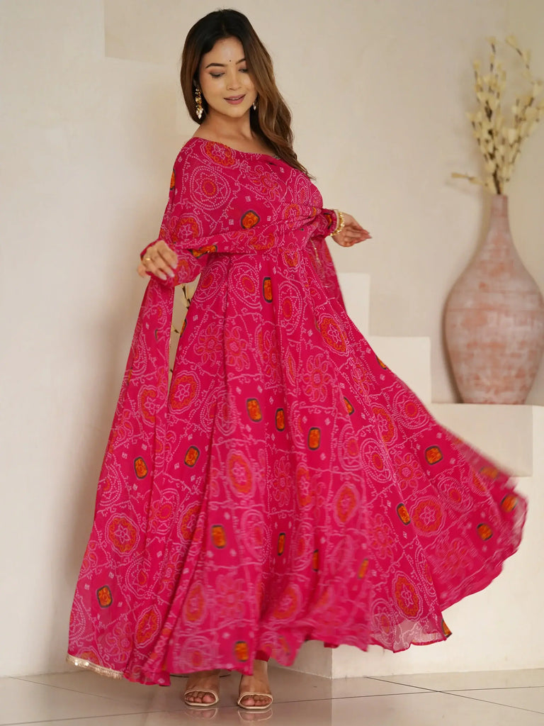 Fabulous Pink Bandhani Printed Georgette Event Wear Anarkali Suit