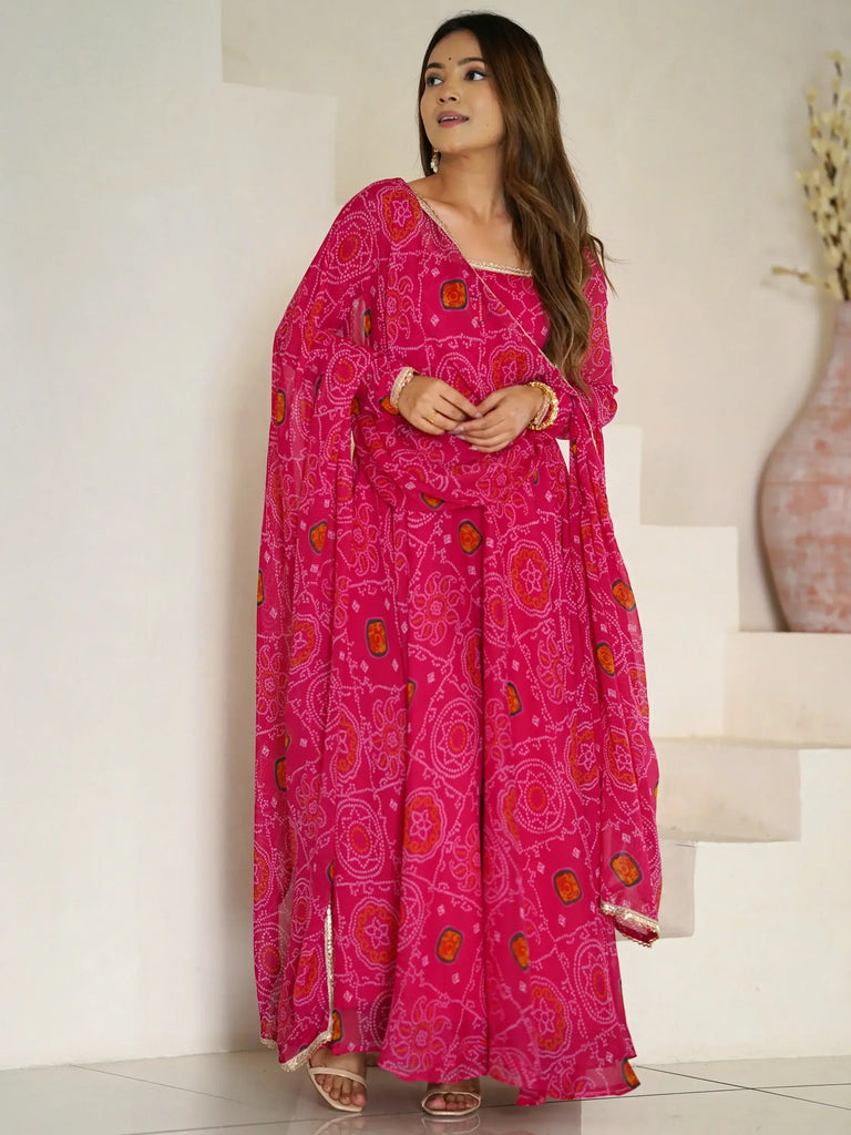 Fabulous Pink Bandhani Printed Georgette Event Wear Anarkali Suit