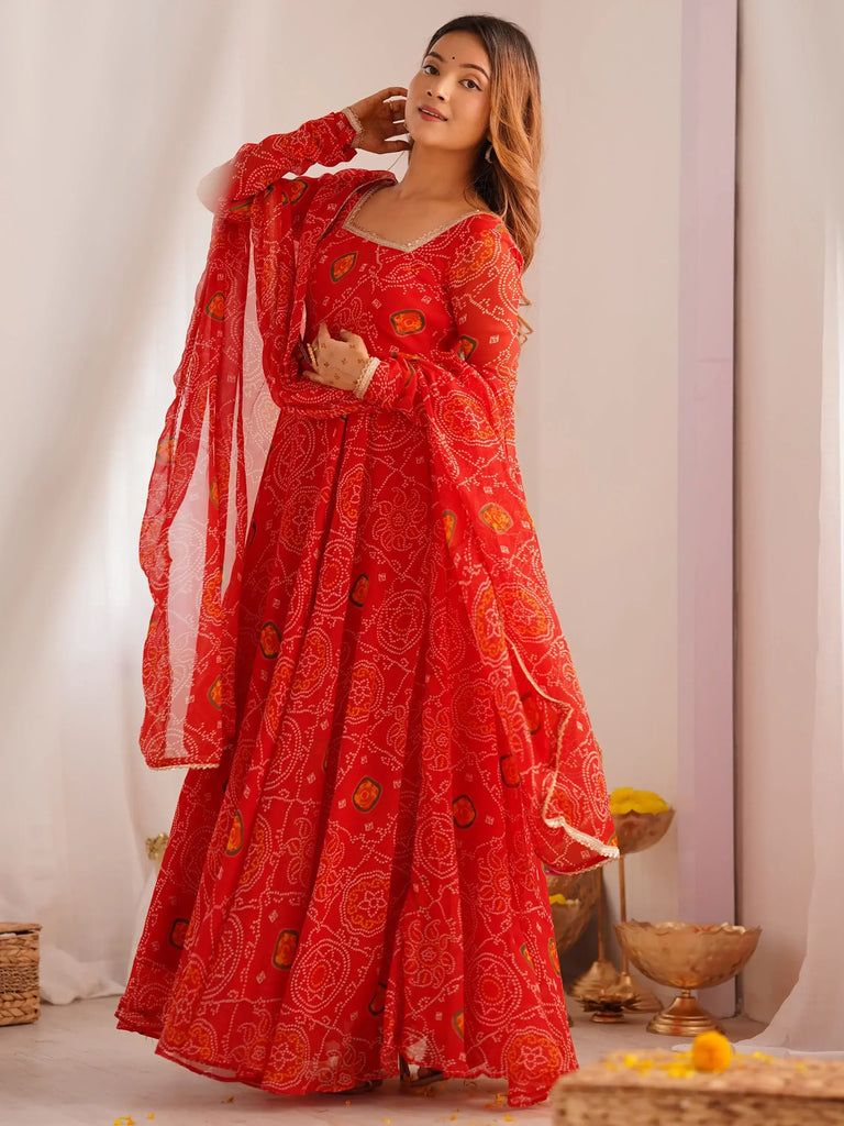 Marvelous Red Bandhani Printed Georgette Festival Wear Anarkali Suit