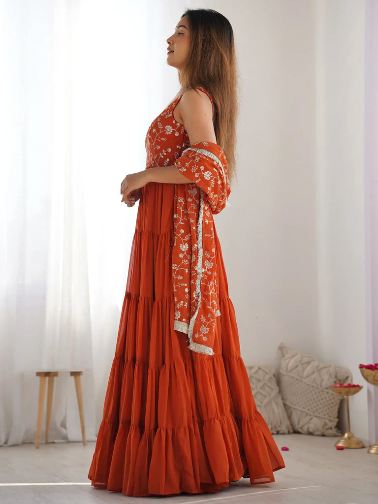Bewitching Orange Embroidered Georgette Anarkali Gown With Dupatta