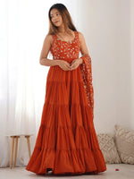 Bewitching Orange Embroidered Georgette Anarkali Gown With Dupatta