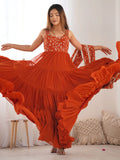 Bewitching Orange Embroidered Georgette Anarkali Gown With Dupatta