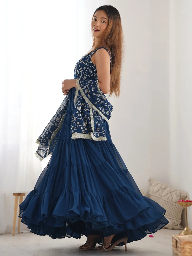 Fascinating Teal Blue Embroidered Georgette Anarkali Gown With Dupatta