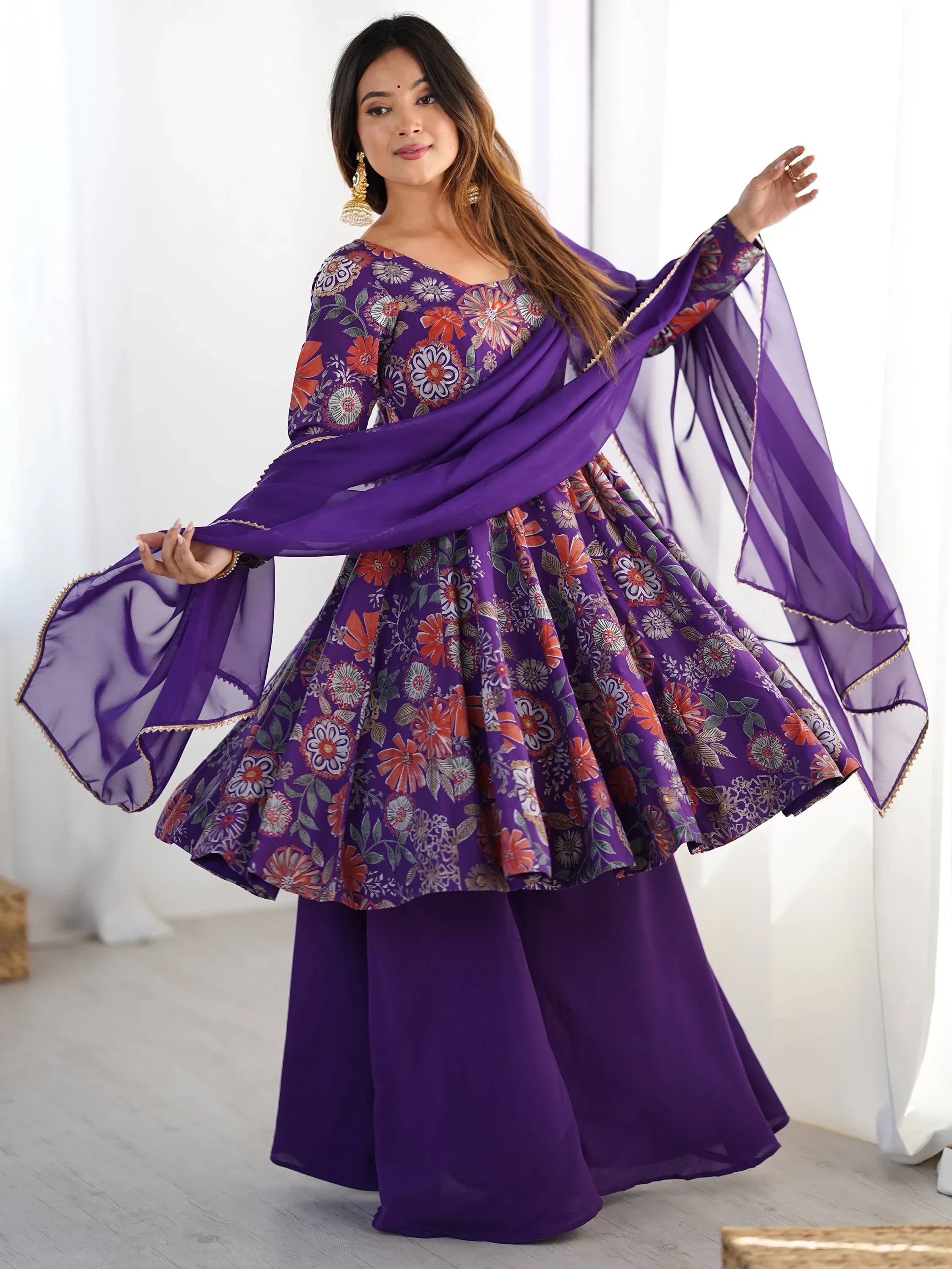 Astonishing Purple Printed Silk Festive Wear Palazzo Suit With Dupatta