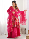 Attractive Rani Pink Floral Printed Silk Festival Wear Palazzo Suit