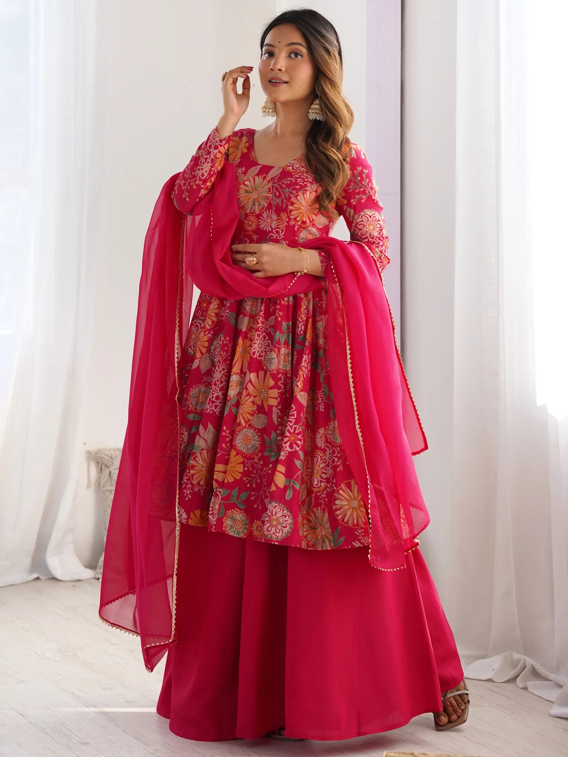 Attractive Rani Pink Floral Printed Silk Festival Wear Palazzo Suit