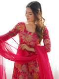 Attractive Rani Pink Floral Printed Silk Festival Wear Palazzo Suit