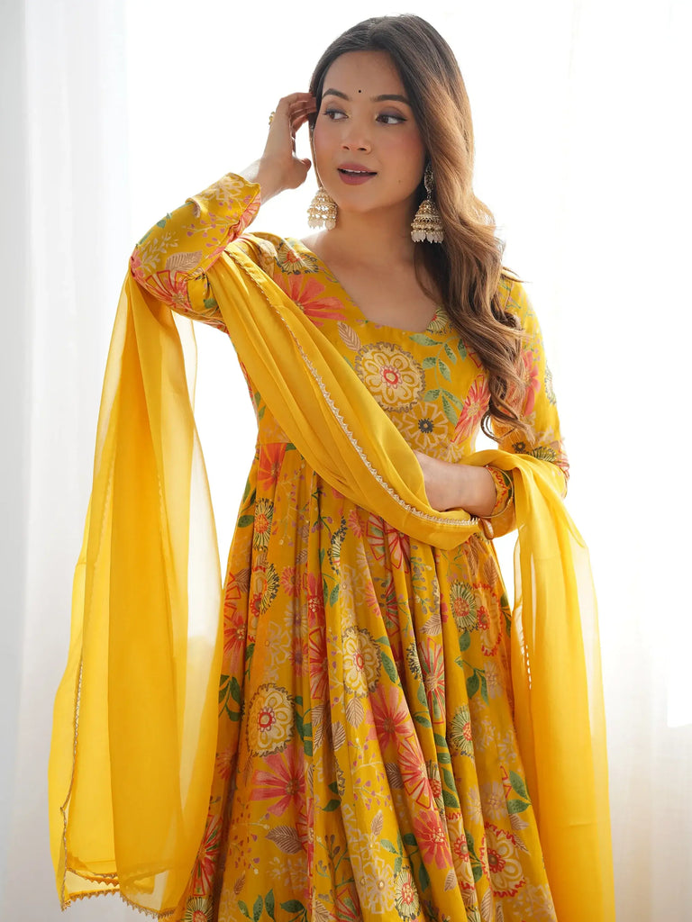 Stunning Yellow Floral Printed Silk Designer Palazzo Suit With Dupatta