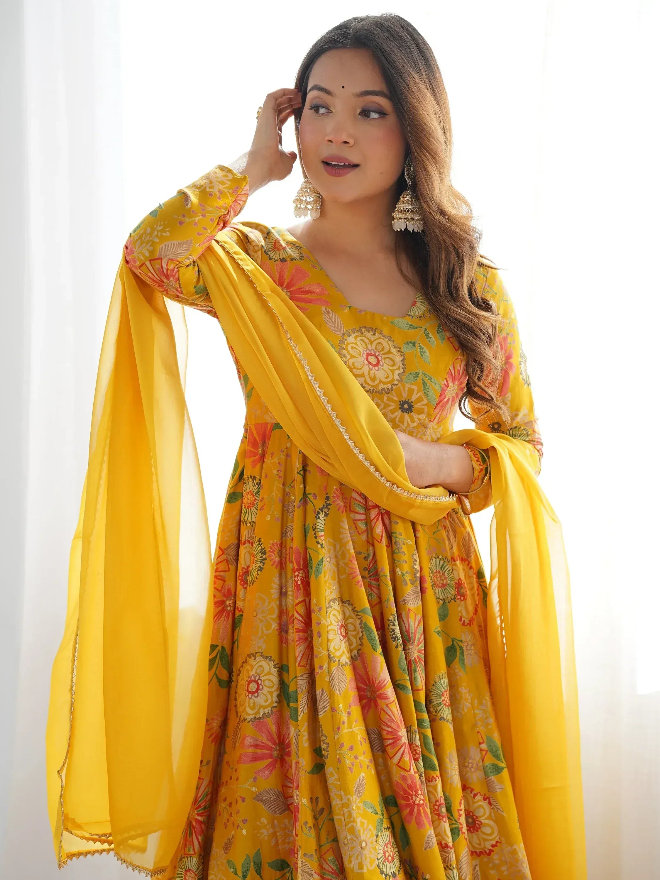 Yellow floral print Indian ethnic anarkali suit with dupatta, perfect for festive occasions