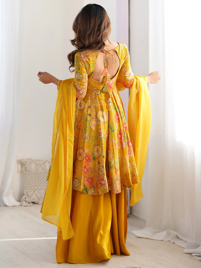 Stunning Yellow Floral Printed Silk Designer Palazzo Suit With Dupatta