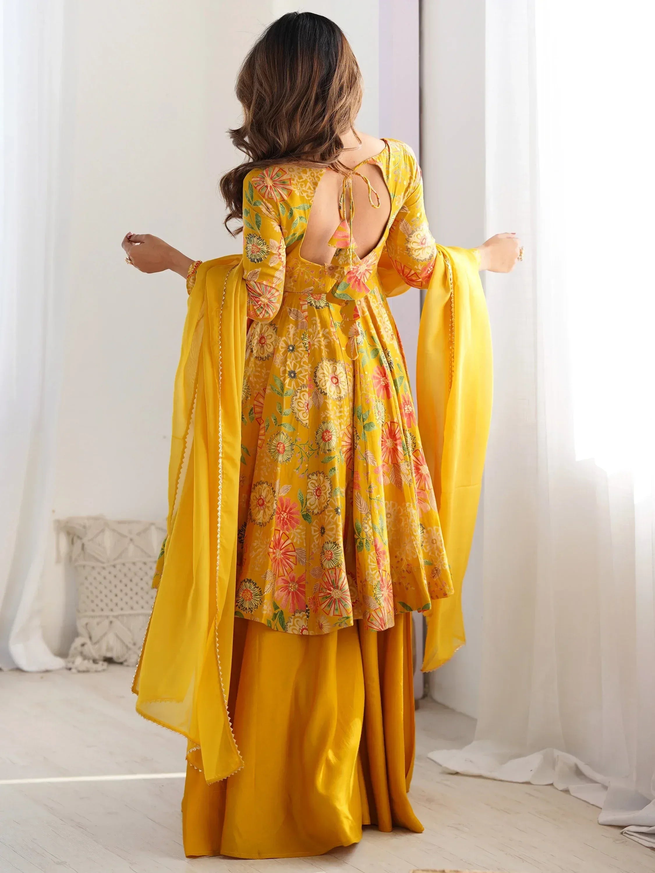Yellow floral printed ethnic anarkali suit with back tie detail and matching dupatta