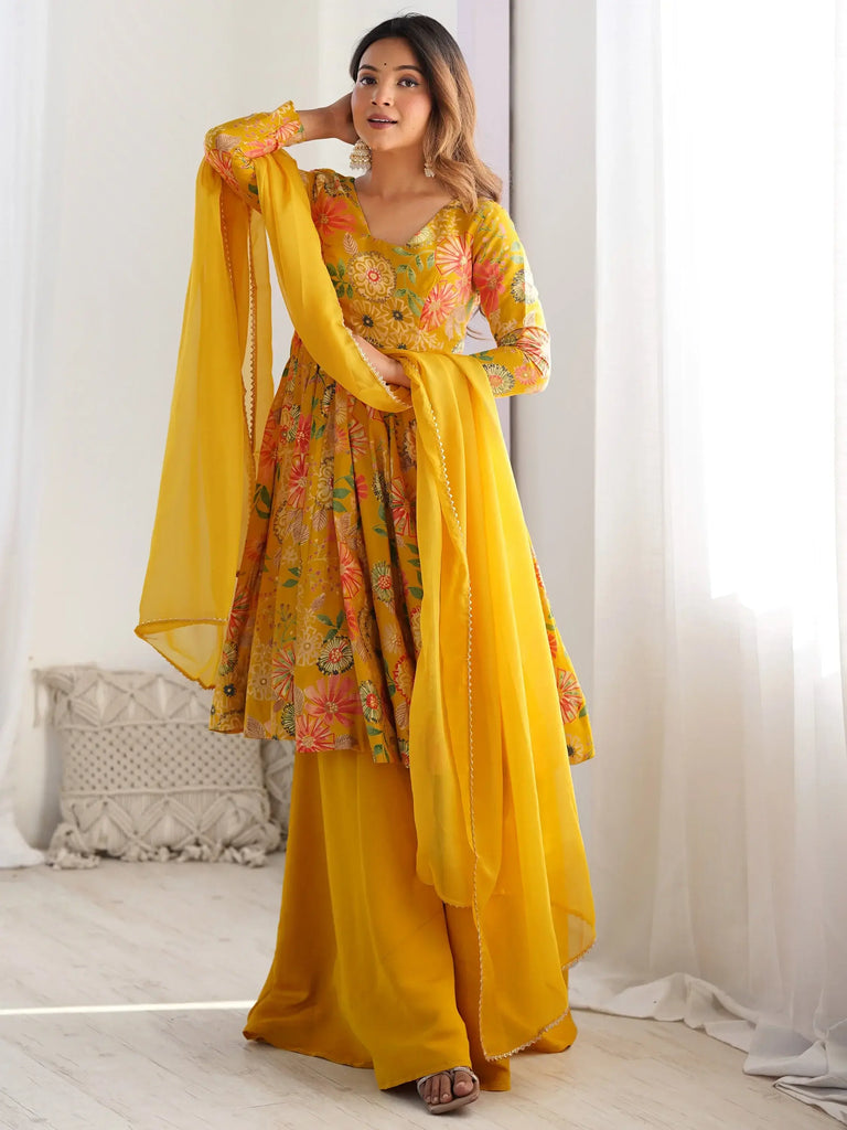 Stunning Yellow Floral Printed Silk Designer Palazzo Suit With Dupatta
