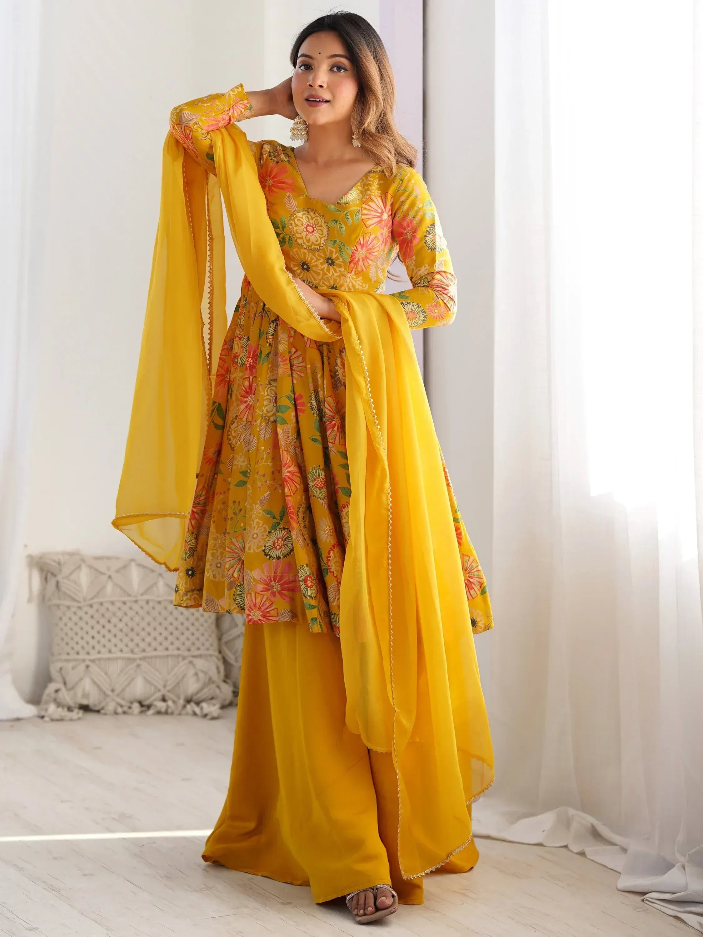 Yellow floral print anarkali suit with palazzo pants and dupatta, Indian ethnic wear
