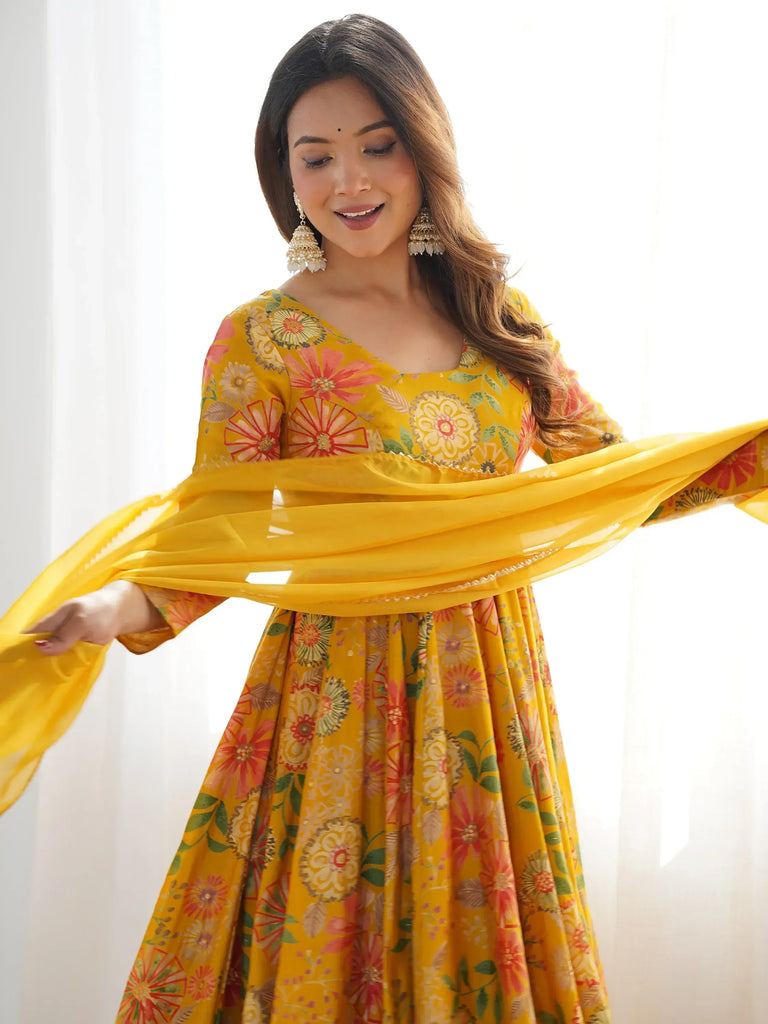 Stunning Yellow Floral Printed Silk Designer Palazzo Suit With Dupatta