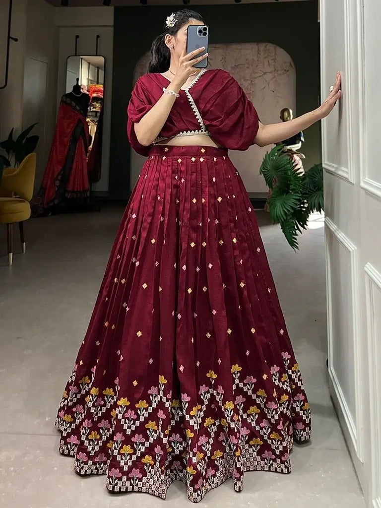 Majestic Maroon Embroidered Silk Engagement Wear Crop Top Lehenga