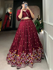 Majestic Maroon Embroidered Silk Engagement Wear Crop Top Lehenga