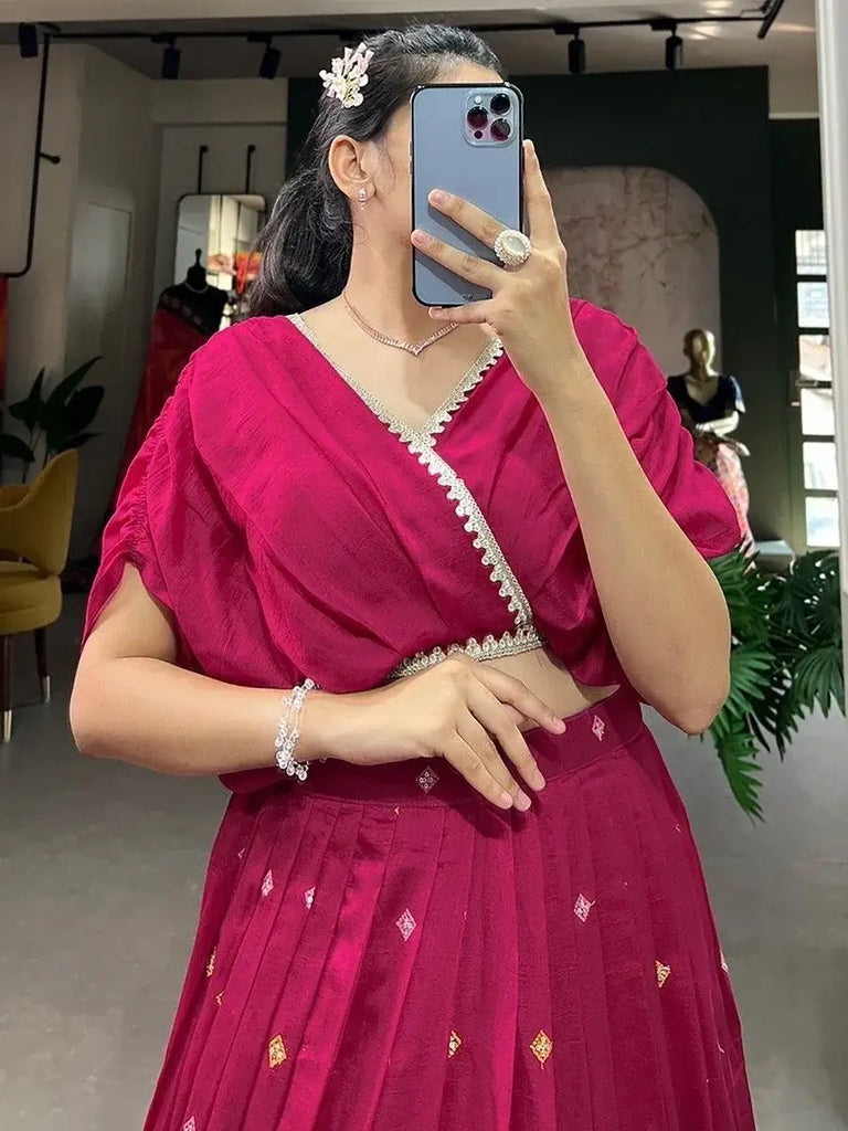Amazing Pink Embroidered Silk Party Wear Crop Top Lehenga