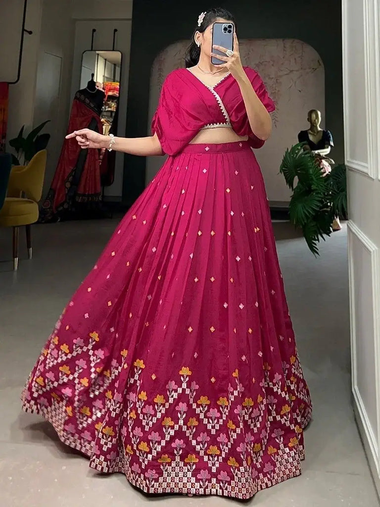 Amazing Pink Embroidered Silk Party Wear Crop Top Lehenga