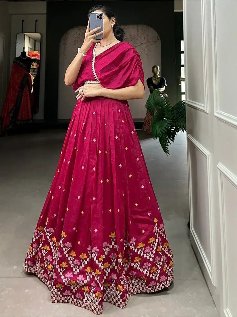 Amazing Pink Embroidered Silk Party Wear Crop Top Lehenga