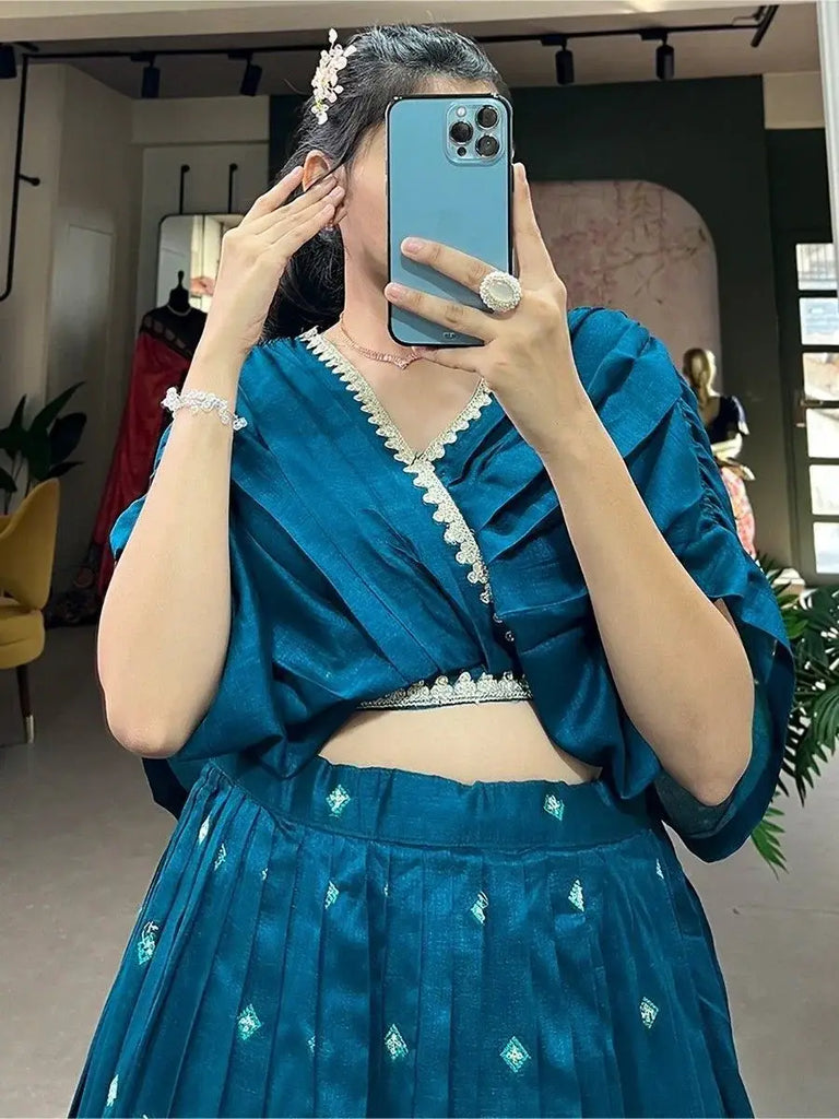 Marvelous Teal Blue Embroidered Silk Festival Wear Crop Top Lehenga