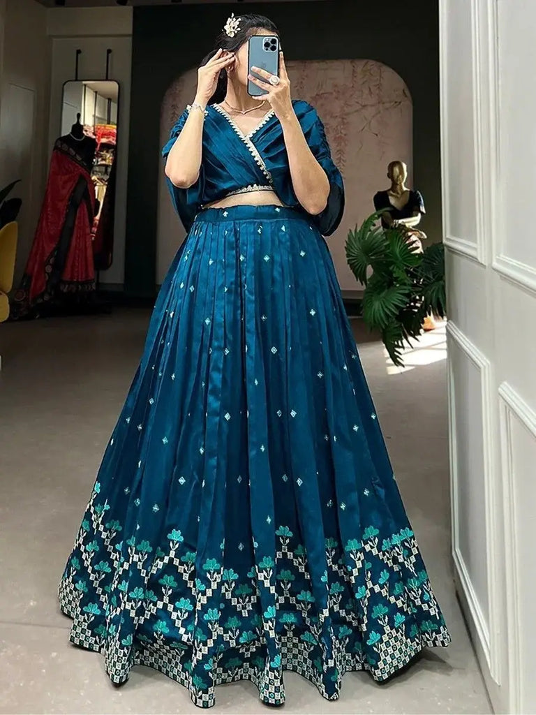 Marvelous Teal Blue Embroidered Silk Festival Wear Crop Top Lehenga